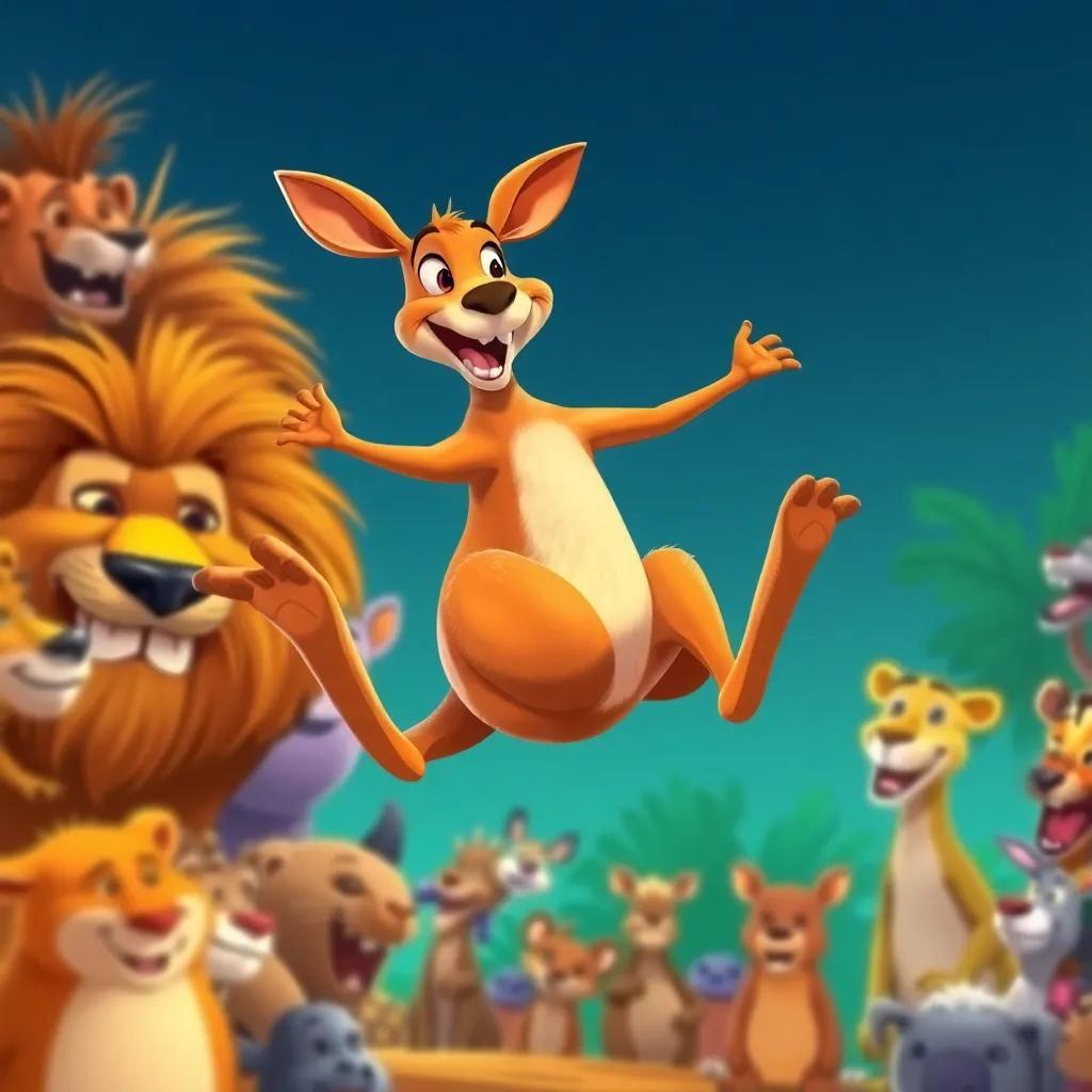 A cheerful kangaroo, energetic and playful, with a soft brown coat, bouncing in the air beside the lion, surrounded by excited animal spectators, illustration, dynamic scene, colorful and lively