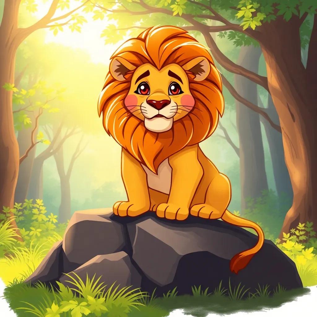 A proud lion, Leo, with a shiny golden mane, sitting on a rock in a bright sunlit forest, looking a bit sad and alone, digital art, vibrant colors, warm light, friendly atmosphere, high quality