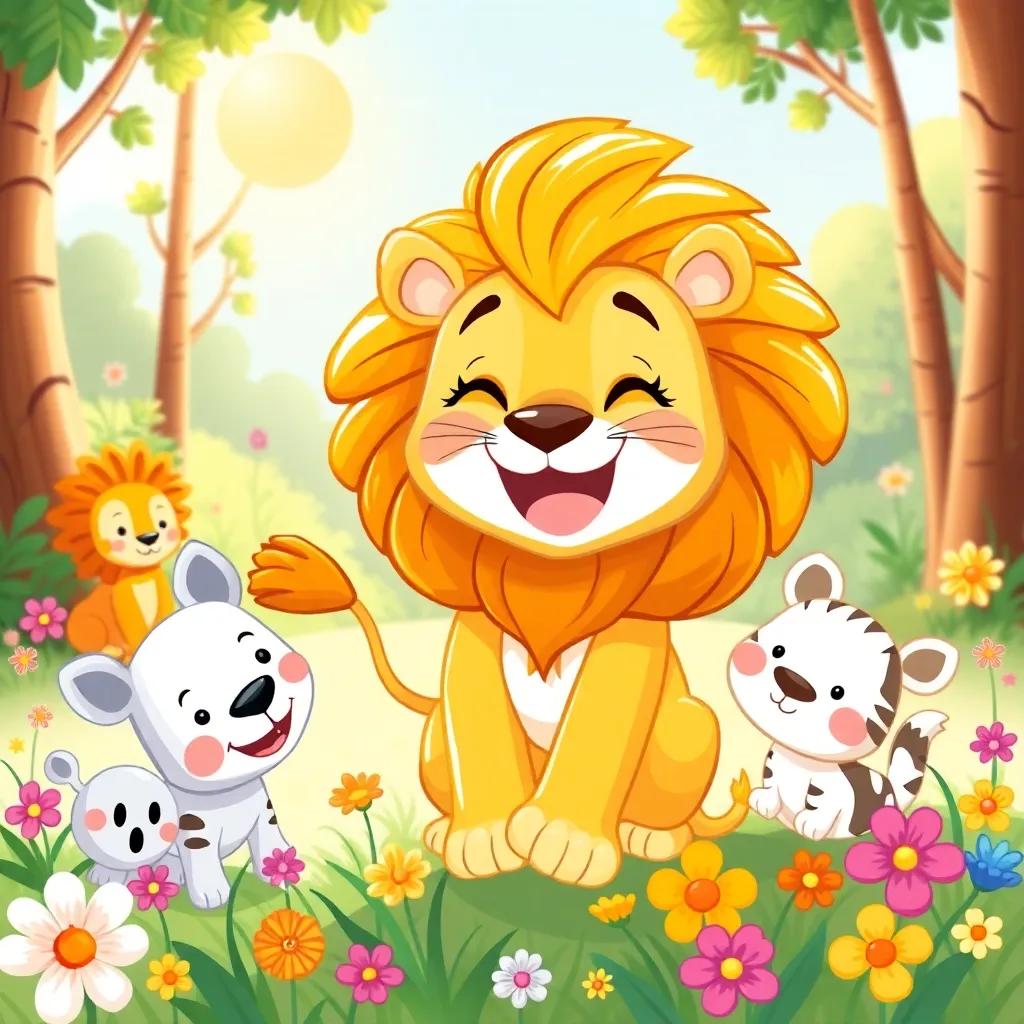 A joyful scene of Leo, the lion, with a shiny golden mane, playing happily with his animal friends in a sunny forest, surrounded by colorful flowers, cheerful, cartoon style, bright colors, heartwarming, high quality
