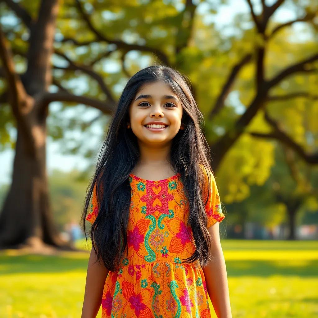 A happy Arab girl, Fatima, with long black hair wearing a bright dress, playing in a large park with a big tree in the background, joyful atmosphere, digital art, colorful, cheerful light, high quality
