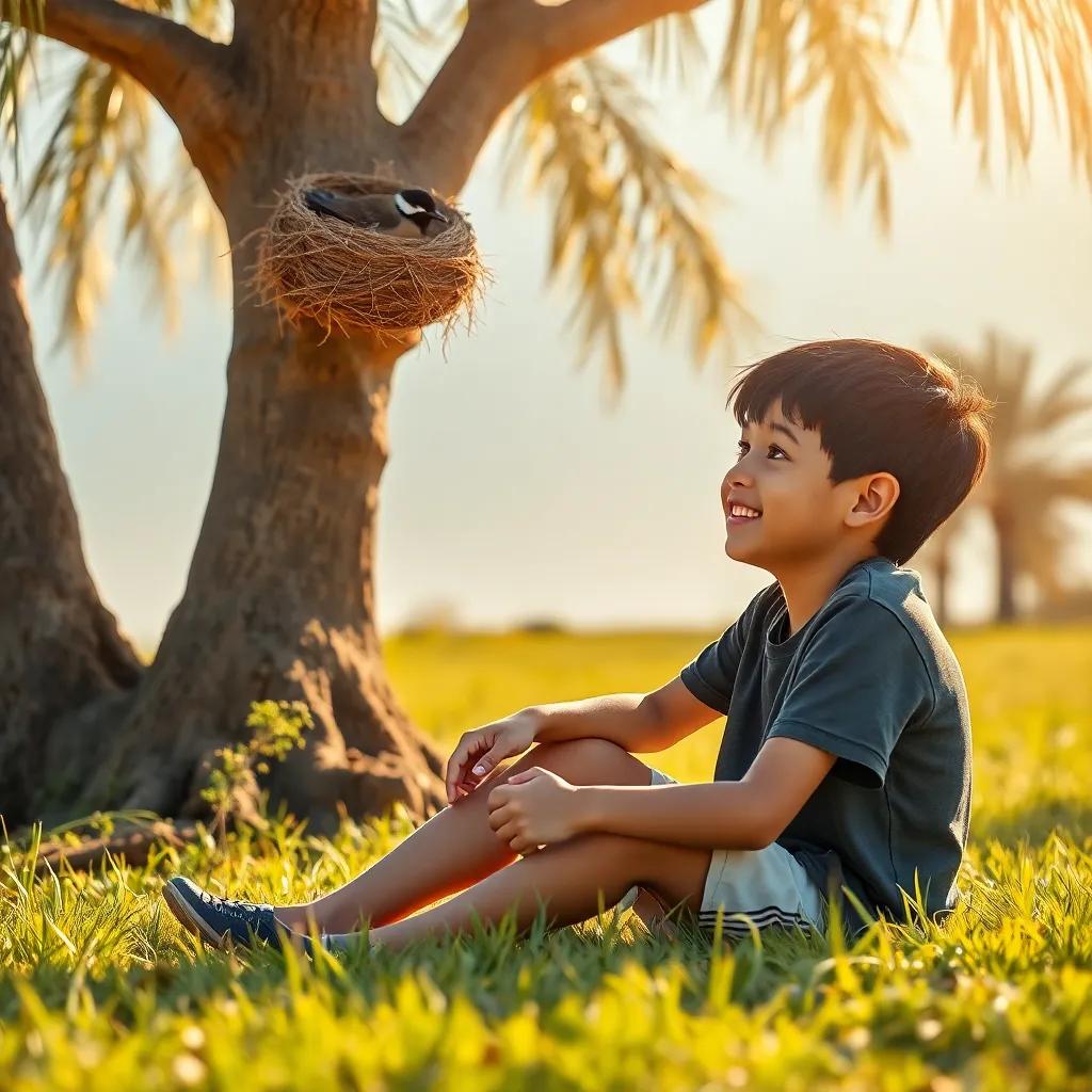 A joyful Arab boy, Sami, with short black hair wearing a t-shirt and shorts, sitting on the grass looking at a small bird building its nest on a big tree, warm rays of sunshine, bright colors, playful perspective, high quality