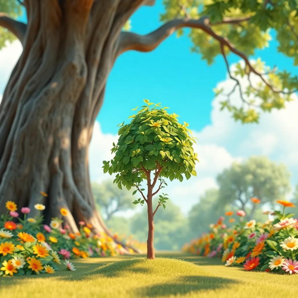A small tree named Lubna with green leaves, standing under a giant tree, surrounded by colorful flowers and a bright blue sky, digital art, cheerful atmosphere, warm colors, inviting perspective, high quality