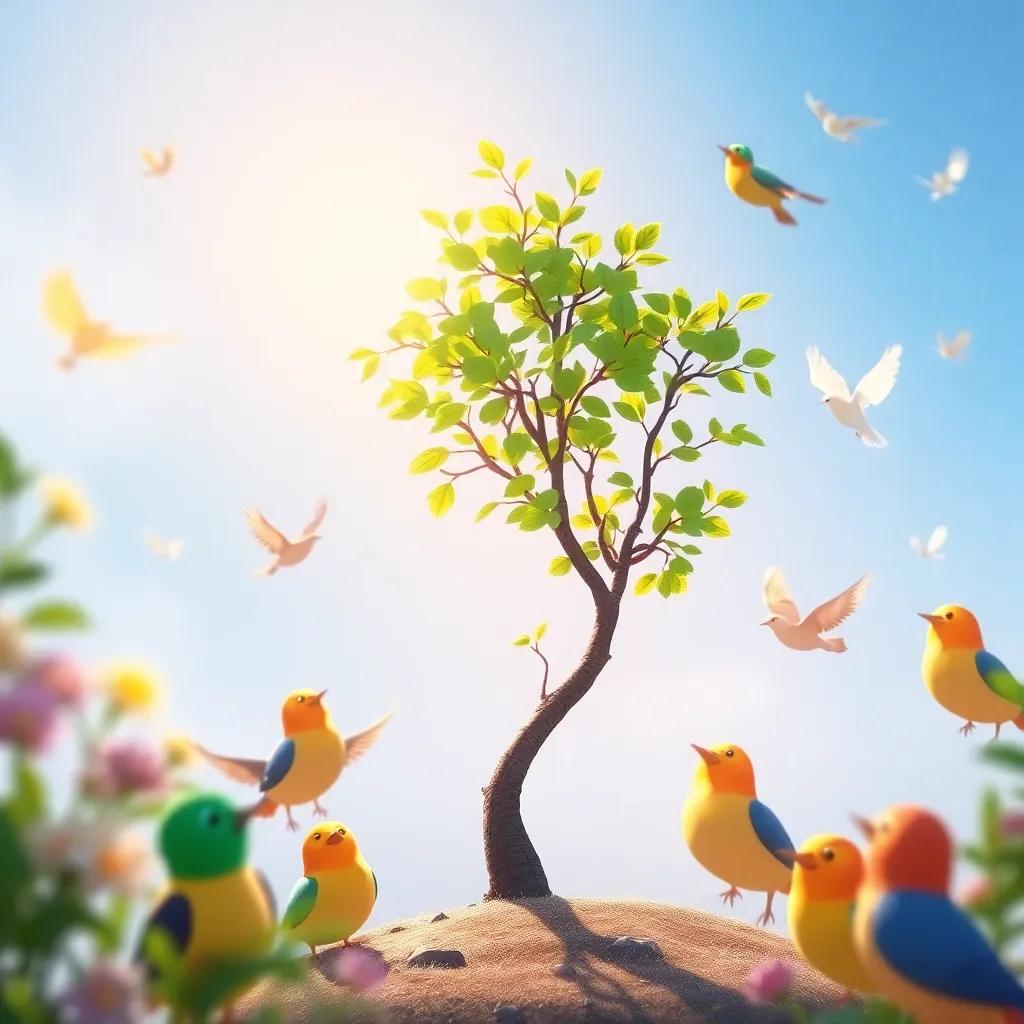 Lubna, a small tree with green leaves, growing tall amongst singing birds, with a vibrant morning light illuminating the scene, illustration, joyful colors, inspirational perspective, high quality