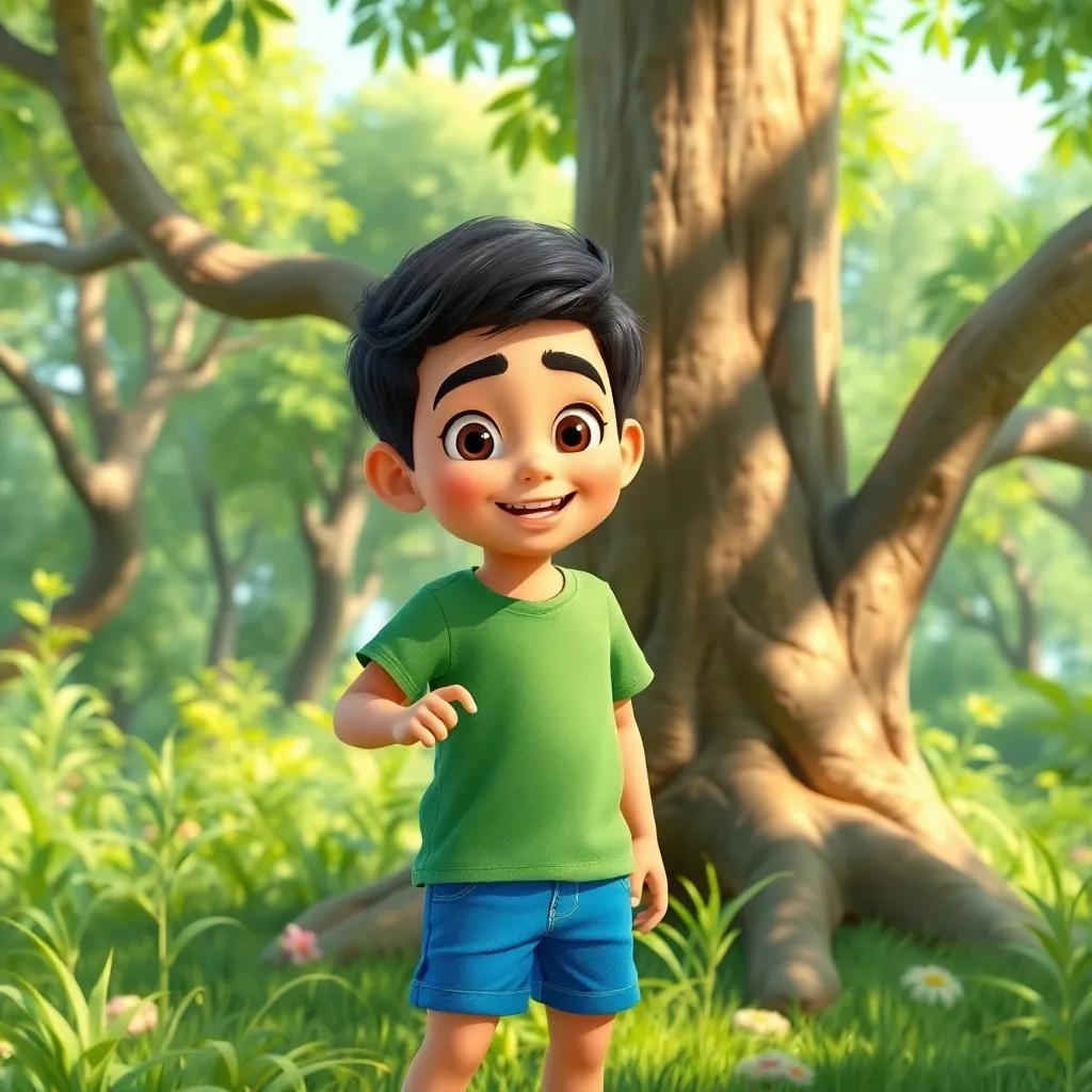 A young Arab boy, Sami, with short, black hair, wearing a green t-shirt and blue shorts, playing near a large tree in a lush green forest, cheerful, vibrant colors, bright daylight, child-friendly, fantasy forest