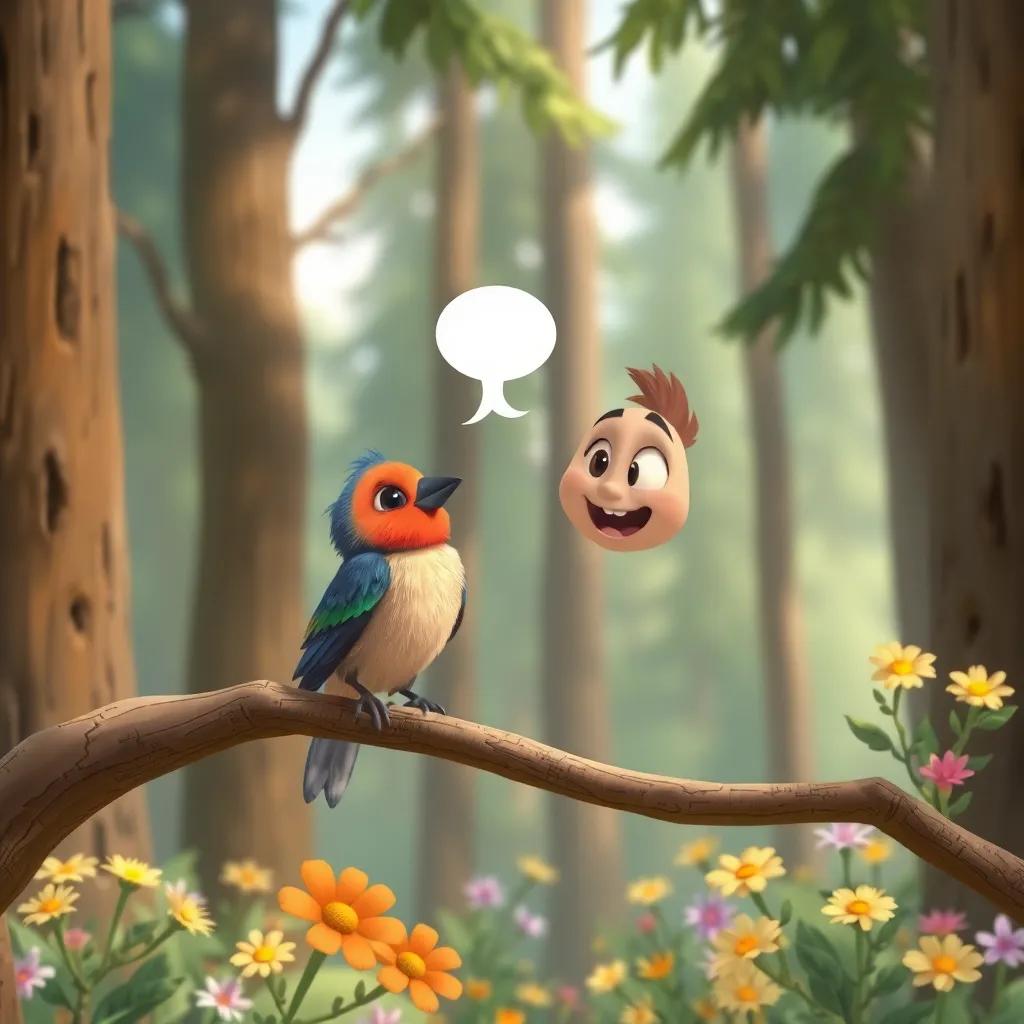 A small bird with colorful feathers perched on a branch, speaking to Sami, who looks surprised and happy, surrounded by tall trees and colorful flowers, whimsical, cheerful atmosphere, detailed illustration