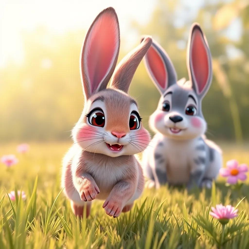A rabbit hopping through the grass, looking friendly, while Sami watches with wide eyes, a sunny day in the background, playful, soft lighting, child-friendly theme