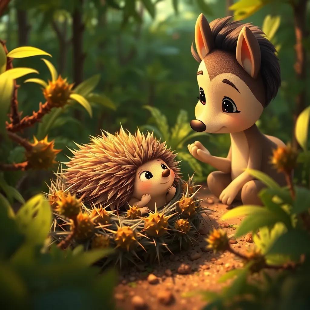 A cute hedgehog hiding among thorns, Sami gently observing it, surrounded by lush greenery, charming, warm colors, engaging scene, whimsical