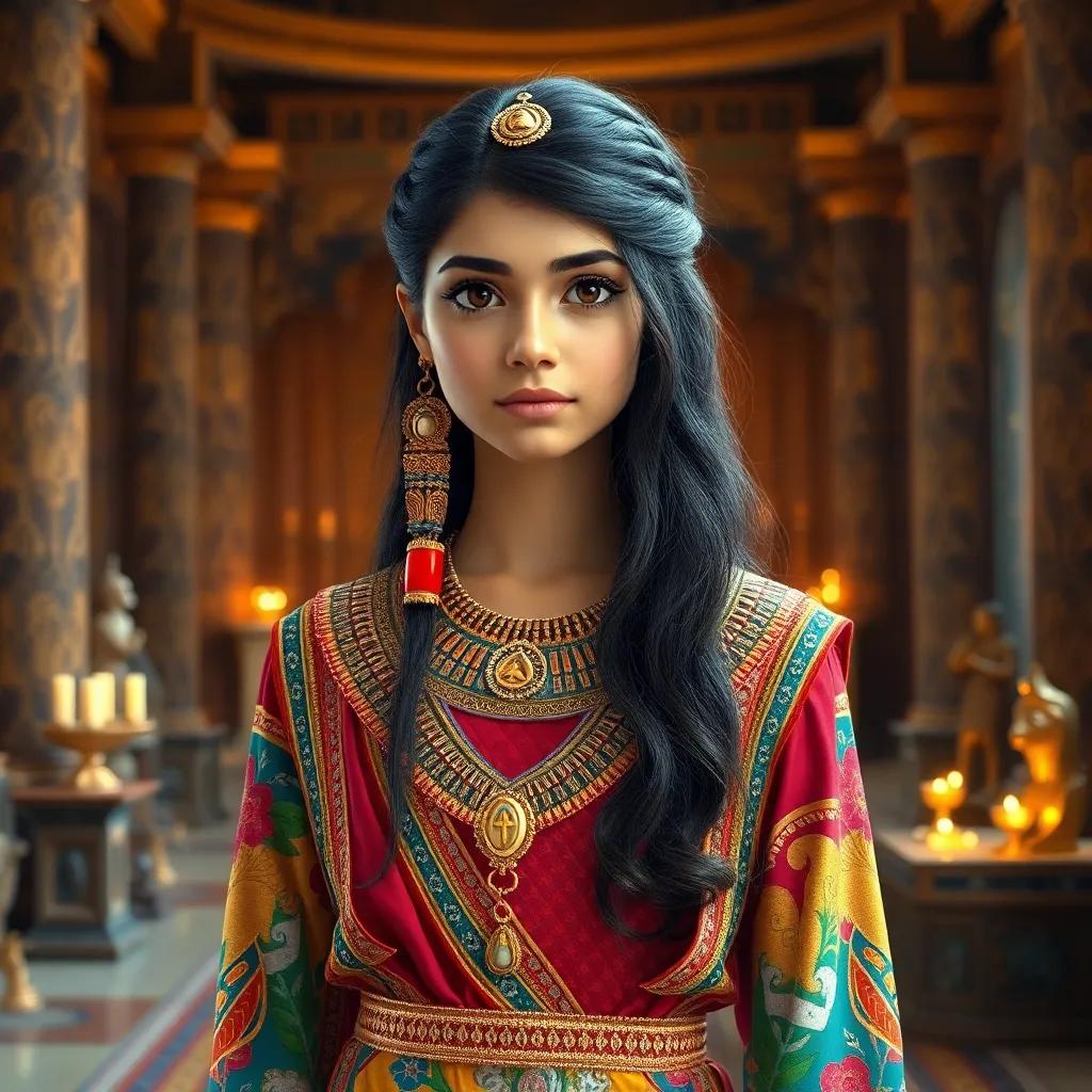 A young Egyptian princess, Nada, with long, dark hair, wearing a colorful traditional dress adorned with gold, standing in a grand palace room filled with treasures and ancient artifacts, bright and warm lighting, detailed and vibrant atmosphere, high quality