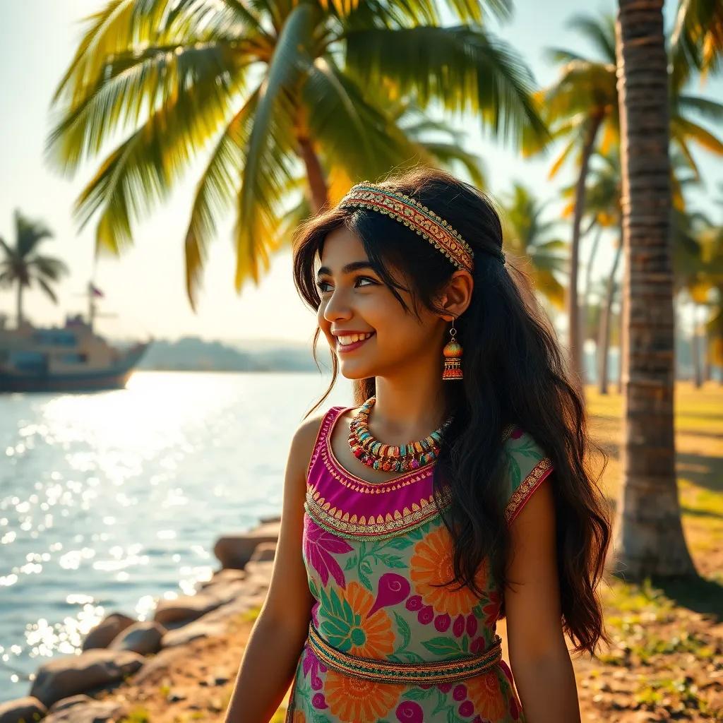 A young Egyptian princess, Nada, with long, dark hair, wearing a colorful traditional dress, walking under tall palm trees beside a sparkling river, smiling as she spots a large ship in the distance, cheerful colors, joyful and adventurous, high quality