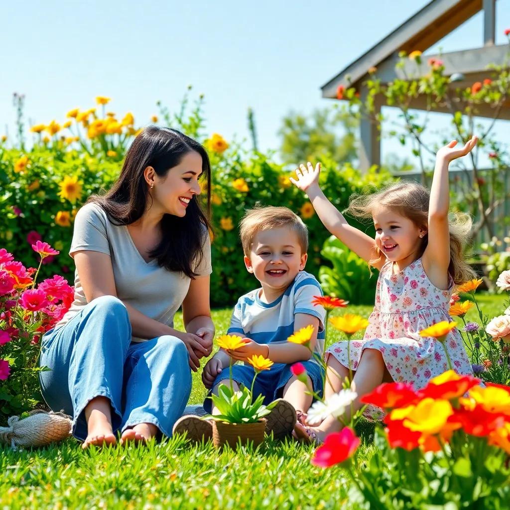 A happy family sitting in a vibrant garden, enjoying a sunny day, the mother suggesting to play a game, a young boy jumping in joy, a girl gathering colorful flowers, cheerful atmosphere, digital art, bright and colorful, high quality