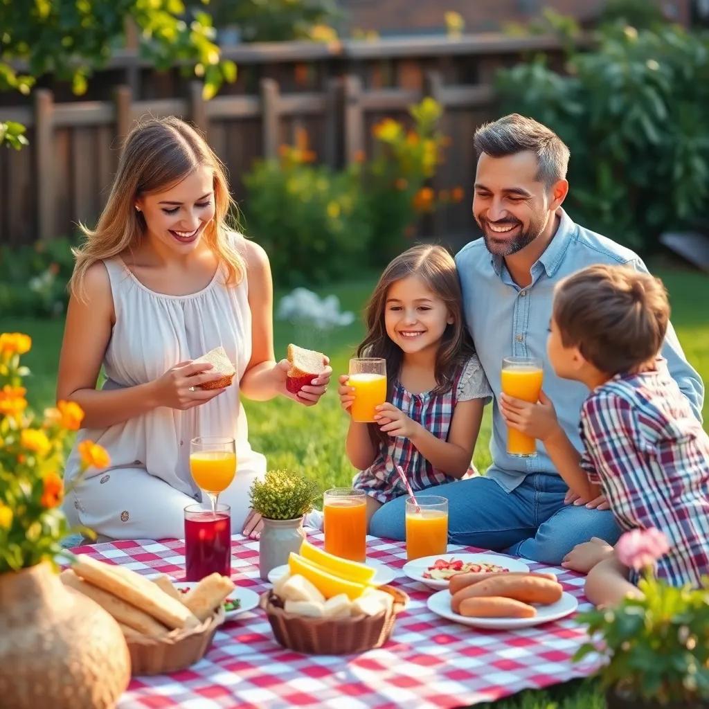 A happy family having a picnic in the garden, with the mother preparing sandwiches and juices, the daughter complimenting the food, the father smiling and embracing family joy, warm and inviting light, joyful scene, illustration, high detail