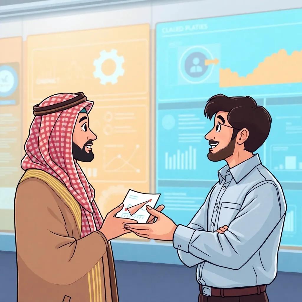 A bright illustration of Raed explaining transparency in government to Fares, with visuals of open data displays, digital art, clear focus, educational, cheerful