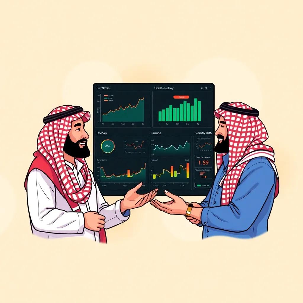 Raed and Fares in a vibrant background, discussing automatic monitoring systems, with animated graphs and charts representing data analysis, lively colors, friendly illustration