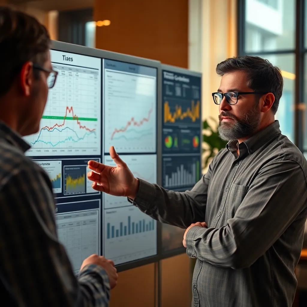 A creative visual showing Raed explaining transaction tracking records with digital pinboards and charts, reflecting clarity and observation, warm colors, engaging art