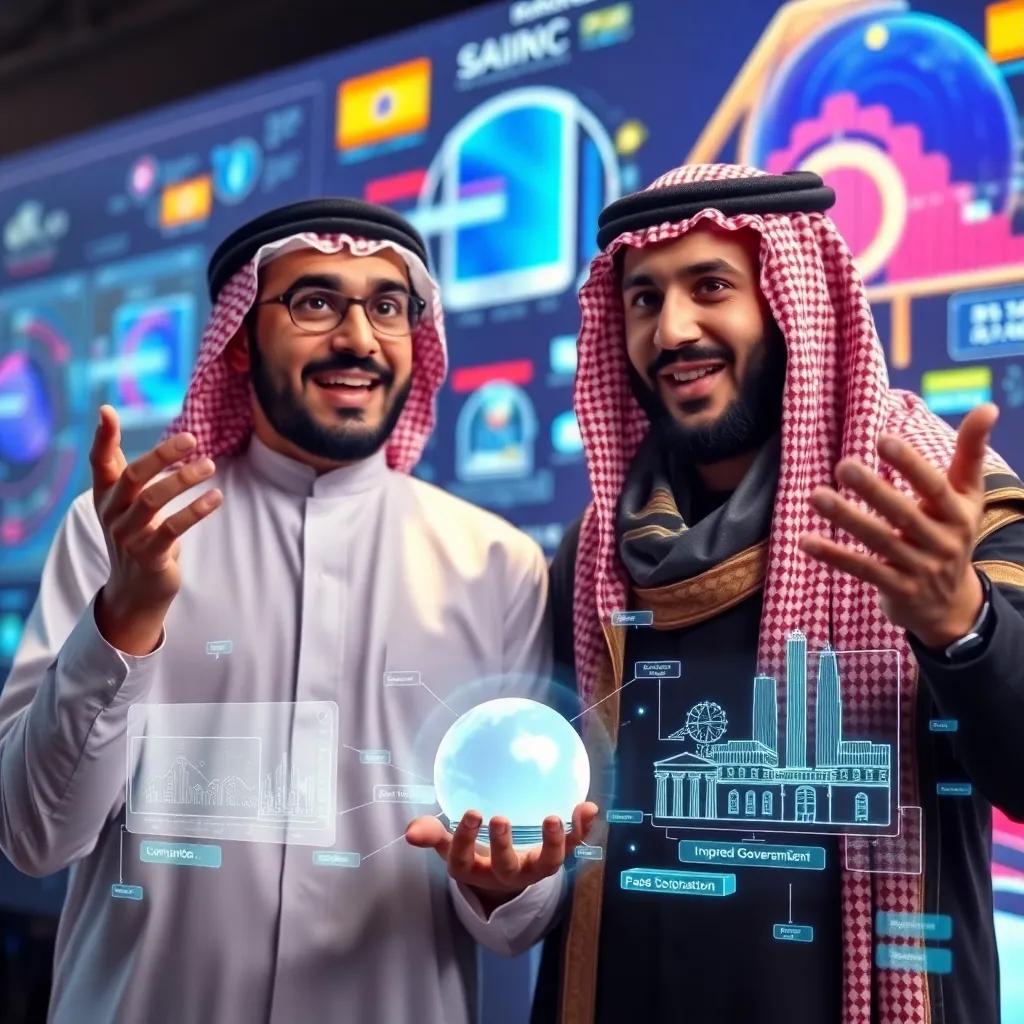 Fares with an excited expression, with Raed explaining improved governance concepts using modern tech visualizations, dynamic background, colorful and educational