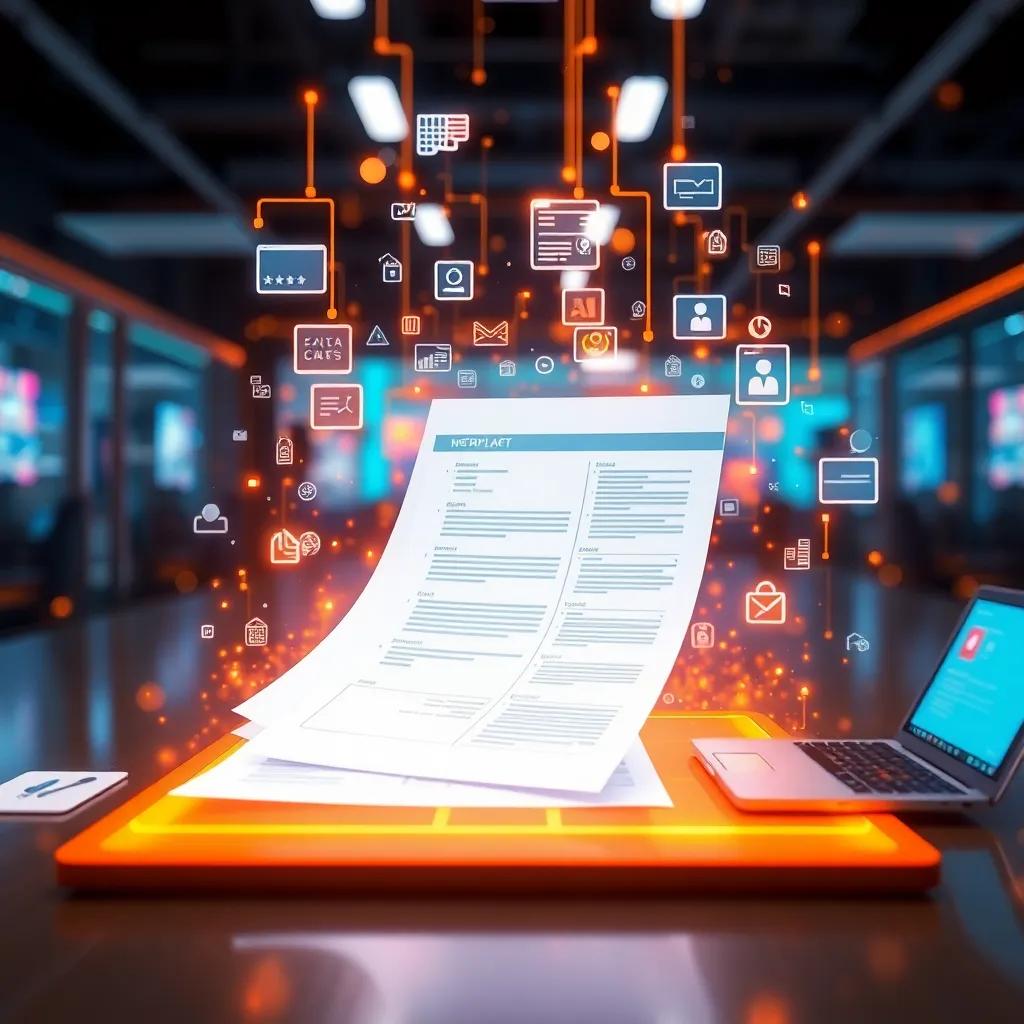 An animated sight of the digital transformation of paperwork into electronic formats, showing a seamless workflow process, futuristic digital art, bright and vibrant