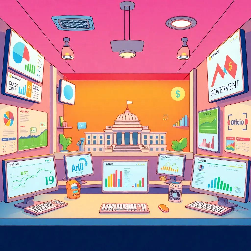 A detailed visual of government resource management in action, with clear interfaces showing transparency and spending, colorful and structured space, friendly illustration