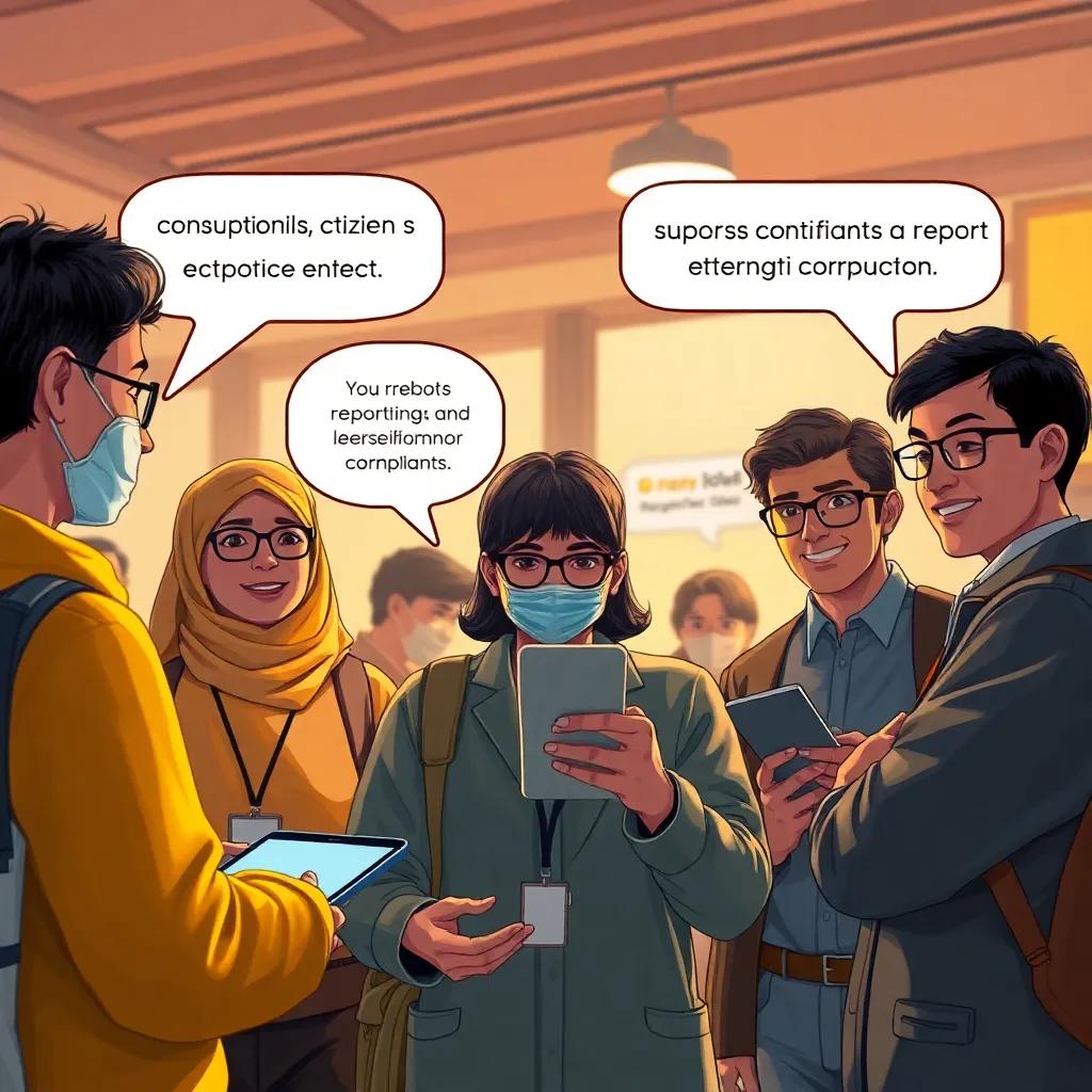 A lively depiction of citizens reporting corruption through electronic complaints, with characters expressing confidentiality and support, warm colors, engaging scene