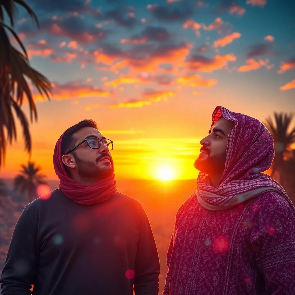 Fares and Raed looking inspired, surrounded by digital nature, contemplating how technology will change the world for the better, warm sunset colors, uplifting atmosphere