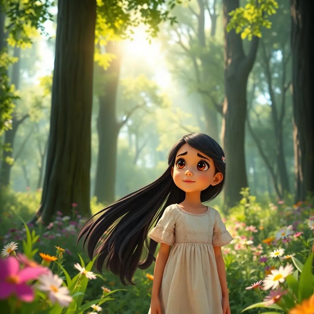 A young Arab girl, Leila, with long black hair, wearing a light dress, exploring a green forest with tall trees and colorful flowers, bright sunlight filtering through the leaves, digital art, vibrant colors, enchanting atmosphere, high quality