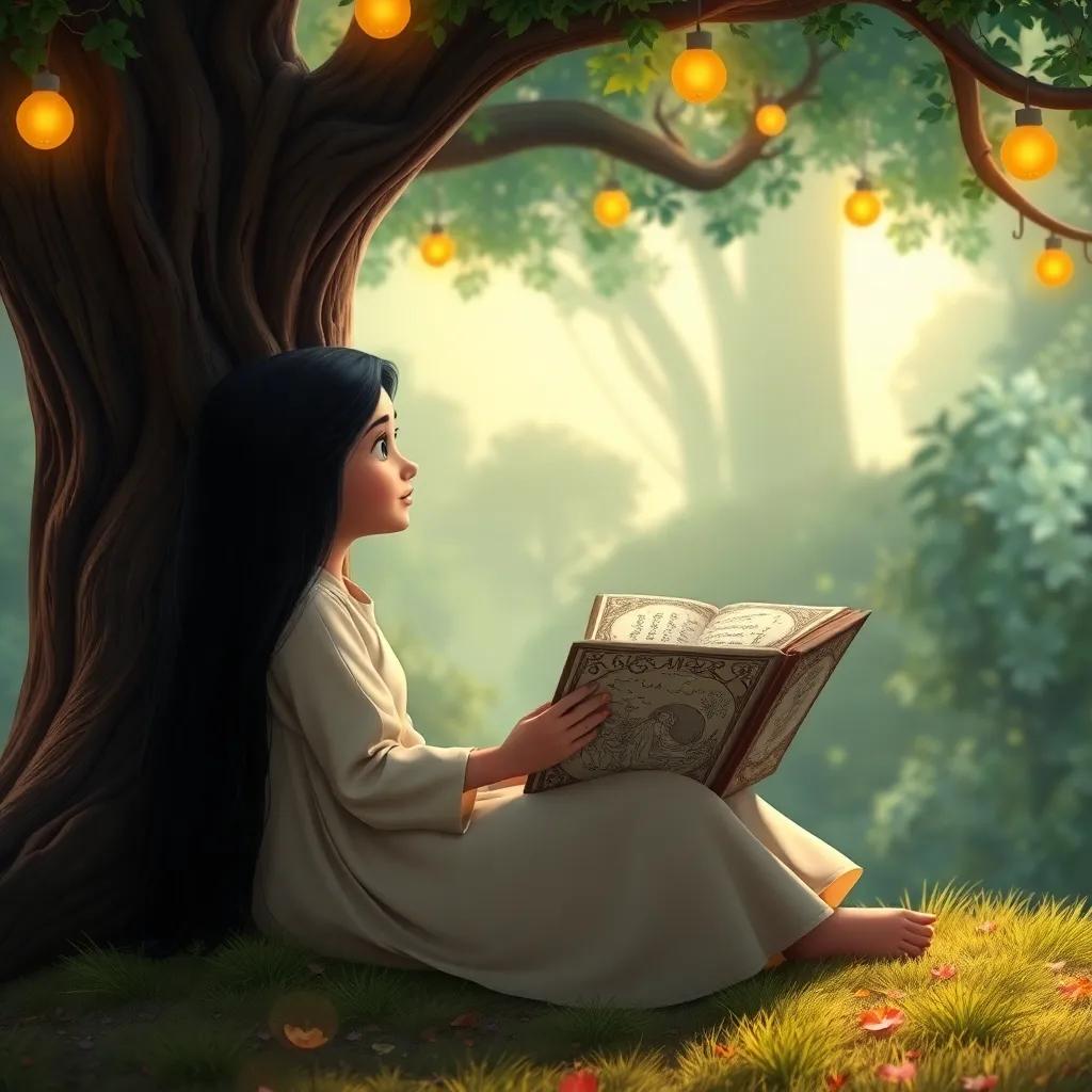 Leila, a young Arab girl, with long black hair wearing a light dress, sitting under a large tree, reading a mysterious ancient book filled with strange illustrations, a whimsical forest setting, warm light, magical ambiance, high quality