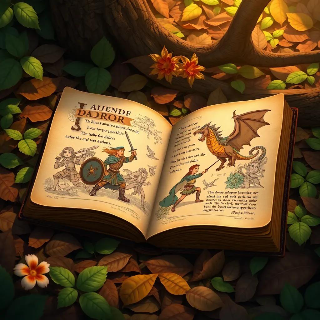 An ancient book with illustrations of brave warriors and mythical creatures, lying open on the forest floor, surrounded by leaves and flowers, showcasing a magical and adventurous theme, illustration, rich colors, detailed, high quality