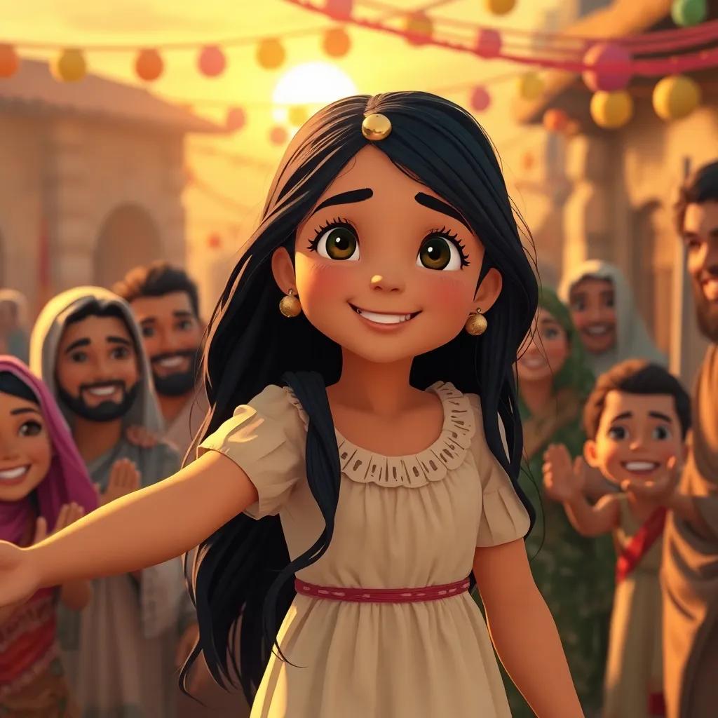 Leila, a young Arab girl with long black hair in a light dress, celebrating with villagers after a victory, colorful decorations, smiles and joy all around, warm sunset light, heartwarming scene, high quality
