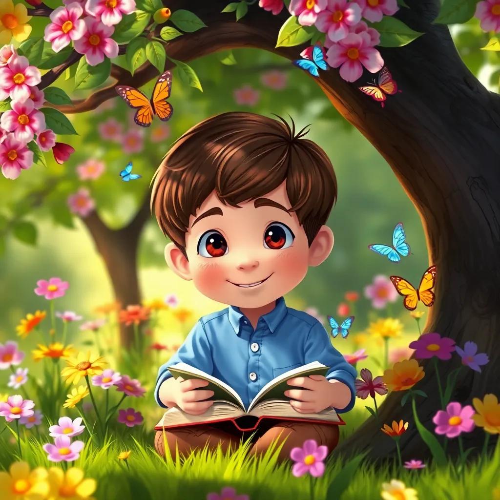 A young boy, Sami, with short brown hair wearing a blue shirt, sitting under a tree with a book in his lap, surrounded by colorful flowers and butterflies, whimsical, digital art, bright colors, cheerful atmosphere, high quality