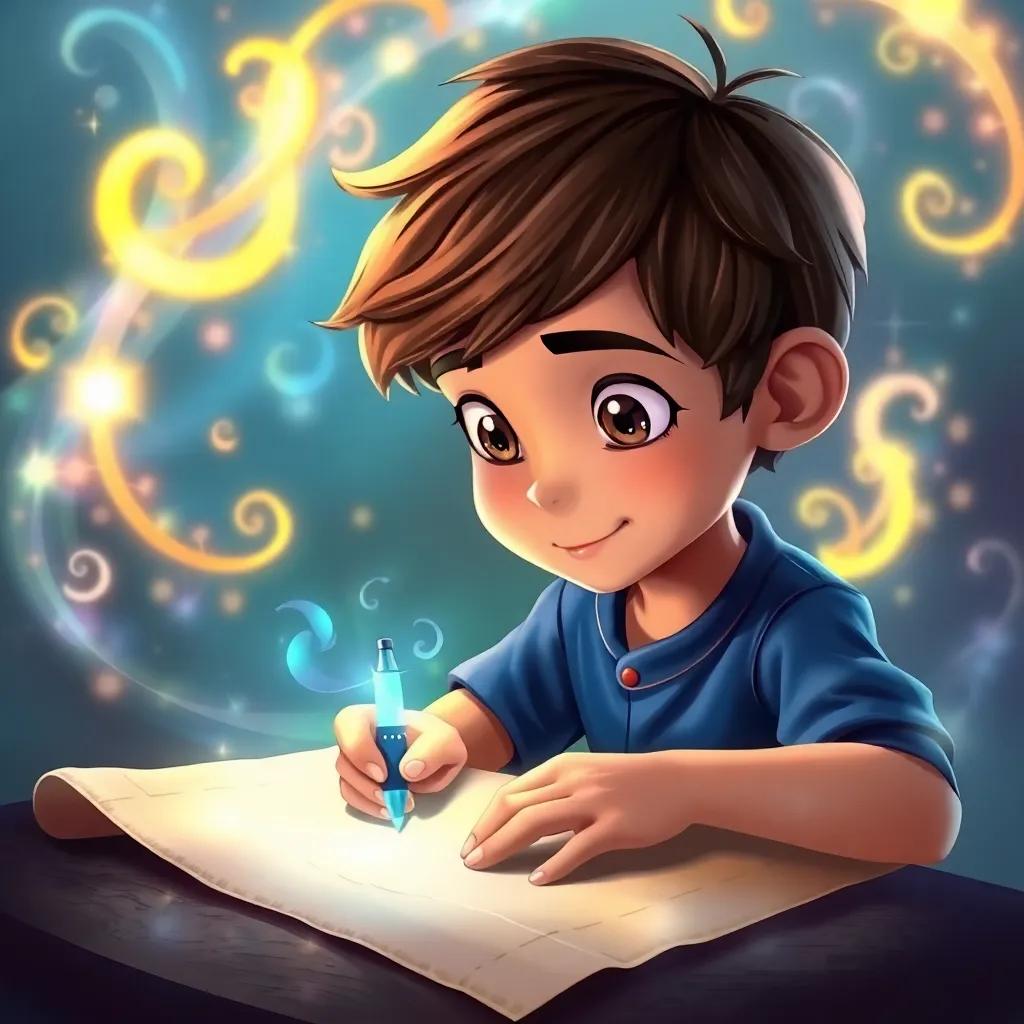 Sami, a young boy with short brown hair wearing a blue shirt, writing on parchment with a glowing pen, surrounded by magical swirls and sparkles, vivid colors, fantasy style, enchanting atmosphere, child-friendly