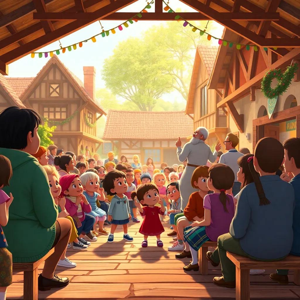 The village square filled with people, children and adults eager to listen, sitting on wooden benches, looking up at Sami with excitement, warm sunlight, a festive mood, colorful clothing, animated, illustration, lively