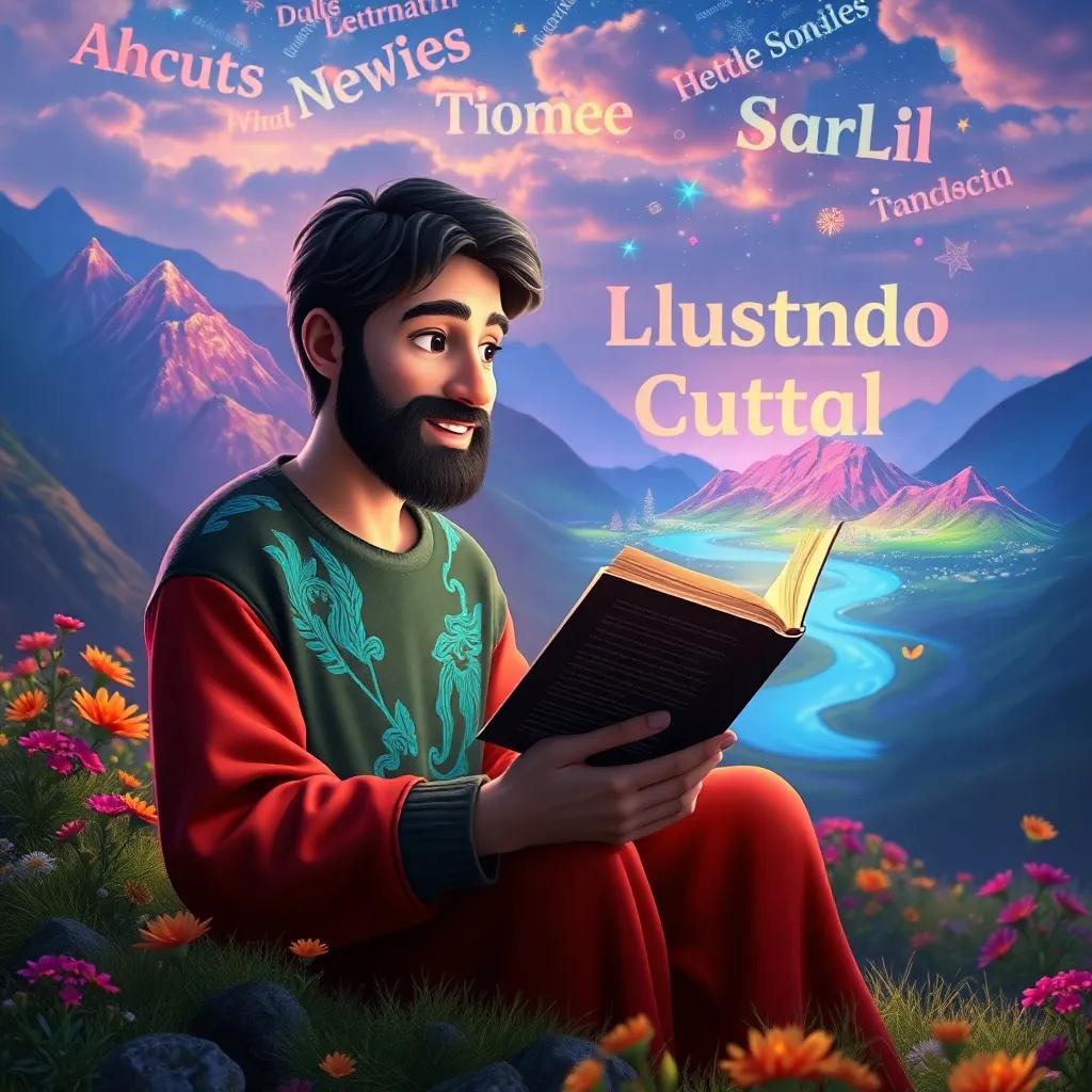 Sami reading his story, words forming colorful images around him like mountains, rivers, and flowers, all coming to life, magical landscape, vibrant colors, high detail, imagination, storytelling