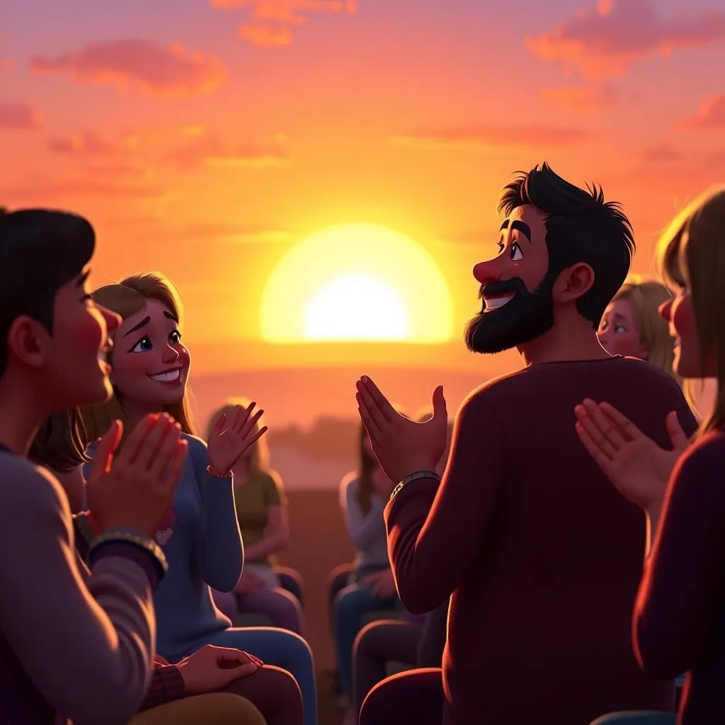 The audience clapping joyfully as Sami finishes his story, expressions of wonder and happiness on their faces, a beautiful sunset in the background, heartwarming scene, rich colors, uplifting vibe