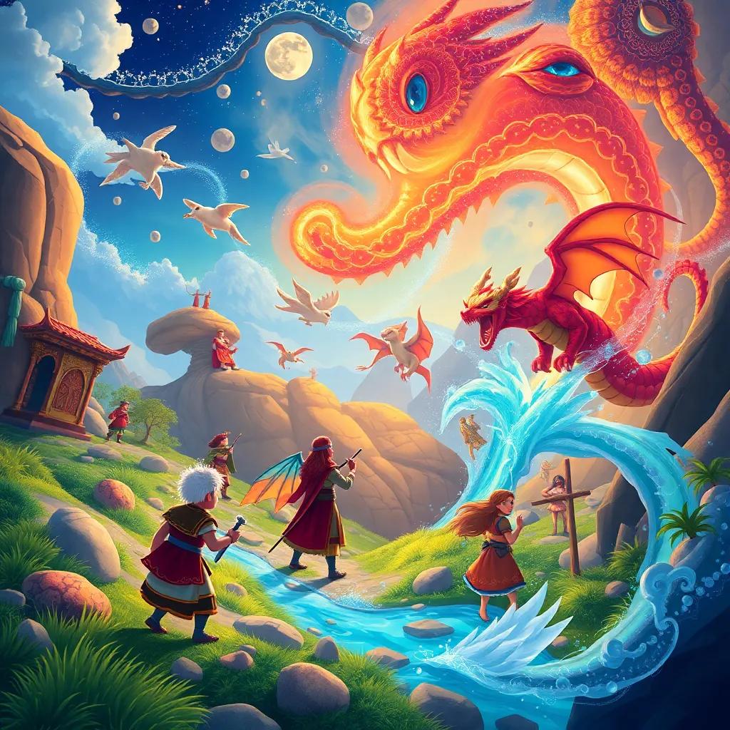 A magical scene showing ancient stories swirling around Sami, with images of heroes and dragons, colorful illustrations, bright and enchanting, child-friendly, storytelling view