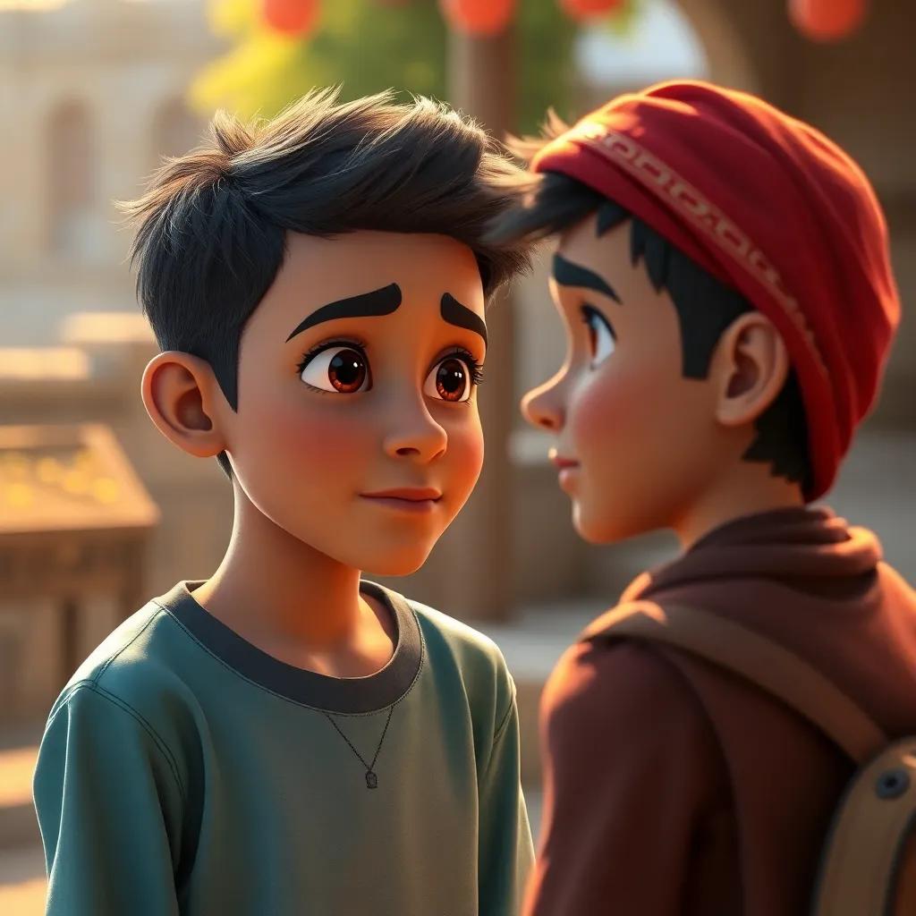 Sami, a young Middle-Eastern boy, looking at his friend who is sad, with a compassionate expression, warm light, outdoor setting, vivid colors, heartwarming moment