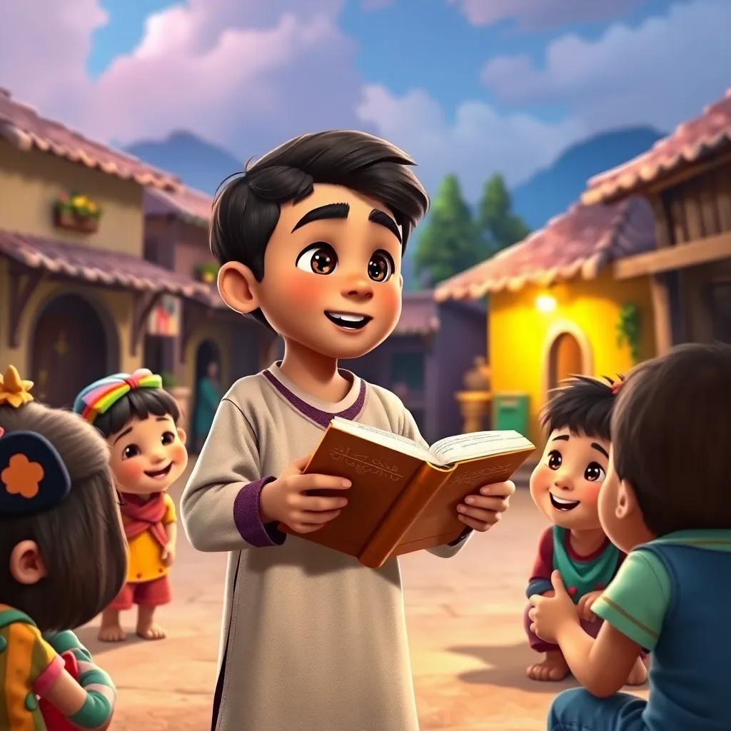 Sami, a young boy, giving a heartfelt speech to a group of kids in a village square, with the old book in his hands, vibrant village setting, joyful atmosphere, colorful and uplifting