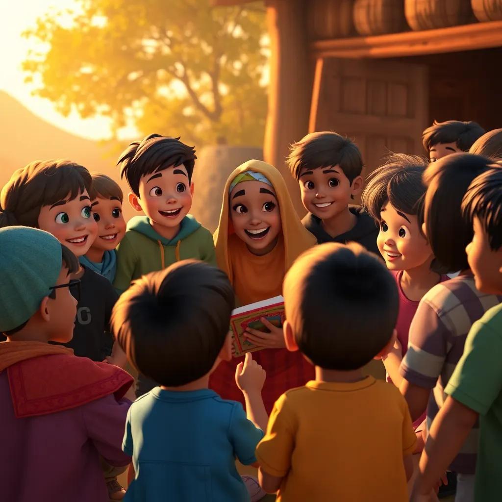 A gathering of children listening intently around Sami, who is animatedly sharing stories, diverse children with various clothing styles, happy and engaged expressions, warm sunset light, community spirit