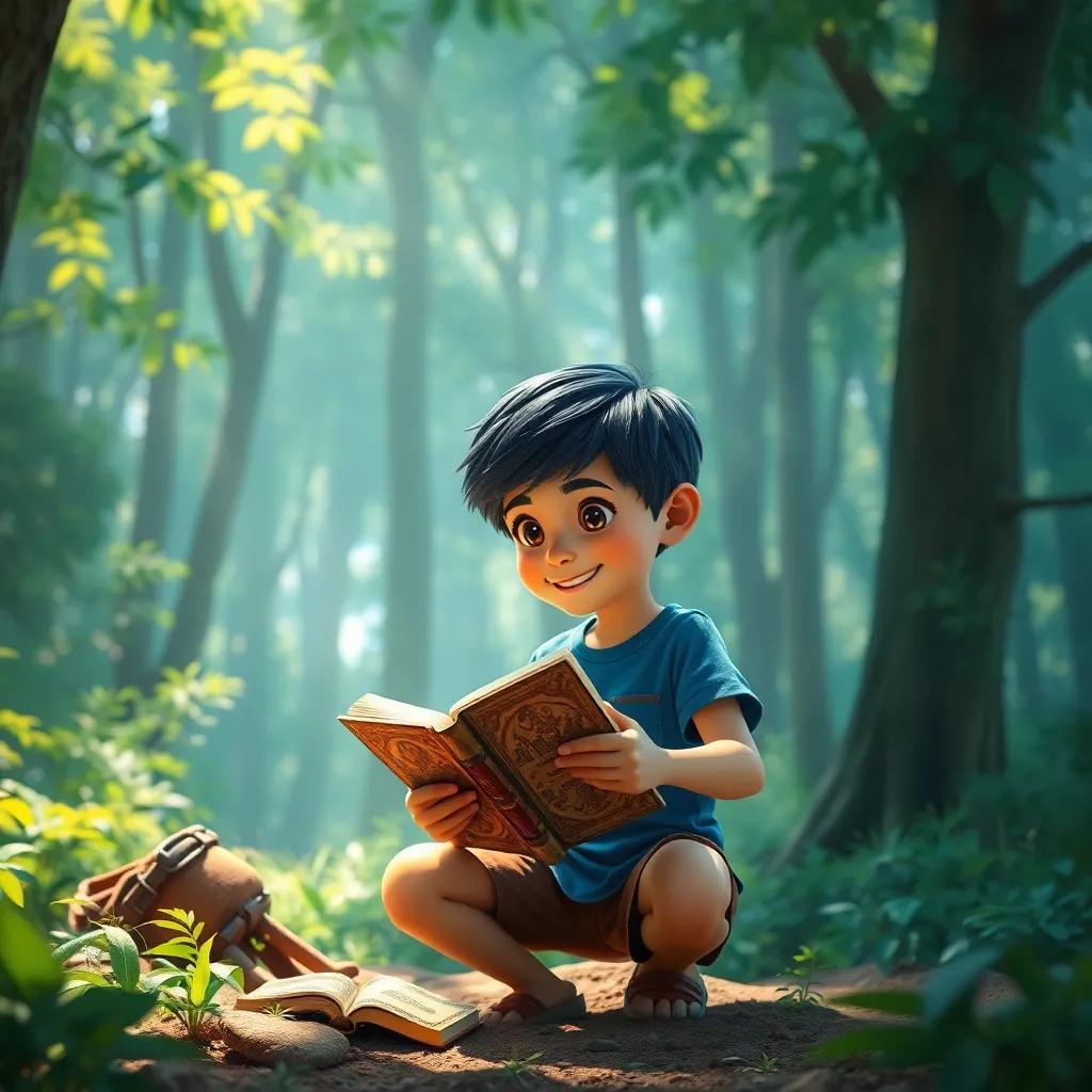 A young boy, Sami, with short black hair, wearing a blue shirt and brown shorts, discovering an old dusty book in a forest, surrounded by green trees and sunlight, digital art, vibrant colors, enchanting atmosphere, detailed