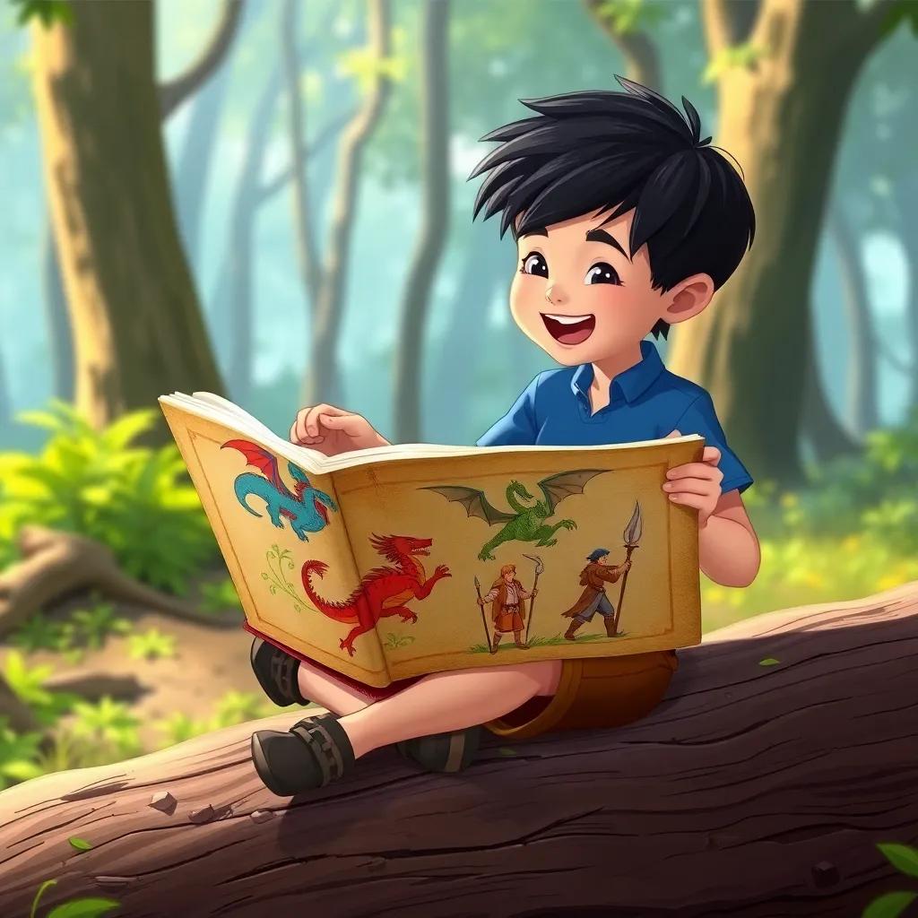 Sami, a young boy with short black hair in a blue shirt and brown shorts, excitedly reading the ancient book with colorful illustrations of dragons and heroes, sitting on a log in the forest, illustration, cheerful, magical feeling, child-friendly