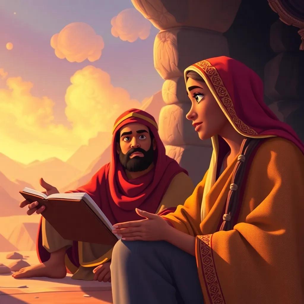 An ancient wise woman offering advice to a king, depicted in colorful scenes from the book, with Sami in the foreground, deeply engaged, illustration, warm light, engaging story