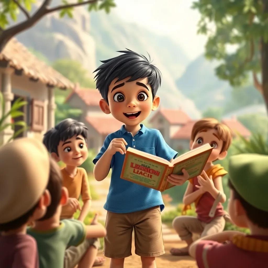 Sami, a young boy with short black hair wearing a blue shirt and brown shorts, excitedly telling a group of friends about the stories and lessons from the book, with a beautiful village background, lively and bright, heartfelt moment