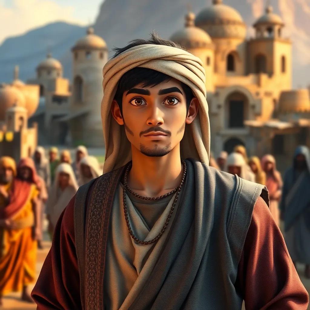 A strong young man named Sami, wearing traditional Arabic clothes, standing in front of a village with distressed villagers in the background, digital art, vibrant colors, warm atmosphere, high detail