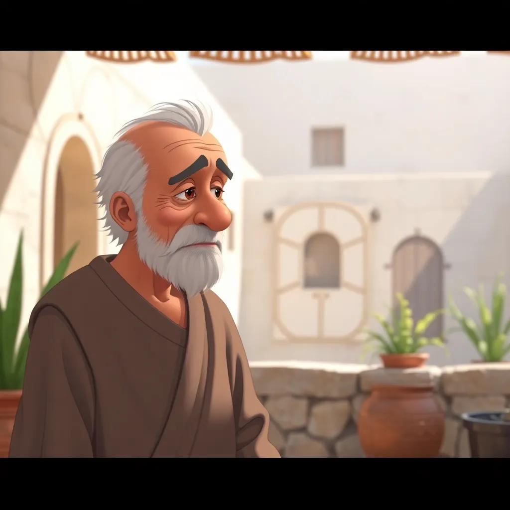 A sad elderly man, wearing a simple tunic, speaking to Sami in a sunlit courtyard, with a distressed expression, illustration, cheerful tone, heartwarming