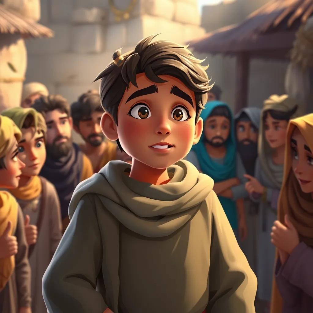 Sami, the young hero, addressing a gathering of villagers with determination, animated discussions around, digital painting, lively, empowering vibe