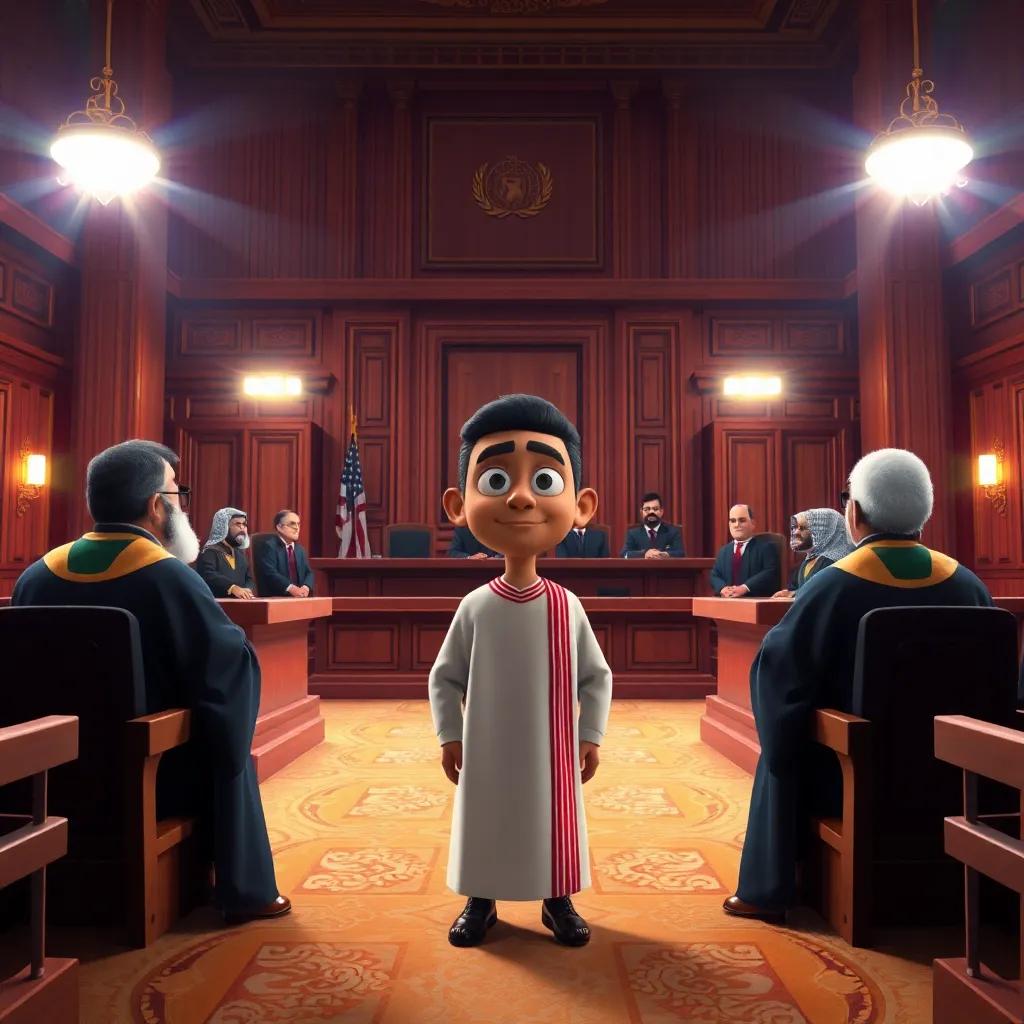 A grand courtroom scene with Sami standing confidently before a panel of judges in traditional robes, bright lights, strong character presence, realistic art, formal setting