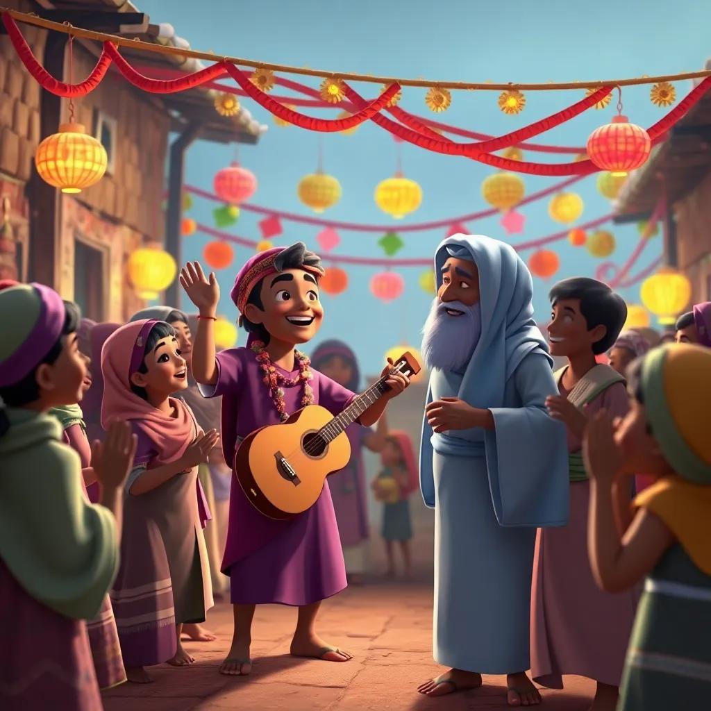 The joyous return of Sami to the village, villagers celebrating with music and dances, colorful decorations in the background, digital art, festive, cheerful atmosphere