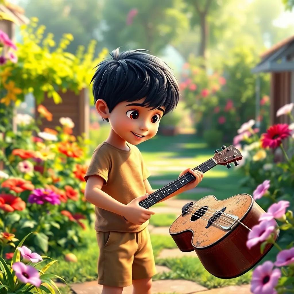A young boy, Sami, with short black hair, wearing a simple t-shirt and shorts, discovering a dusty musical instrument in a beautiful garden, bright and cheerful atmosphere, digital art, vibrant colors, warm light, high quality
