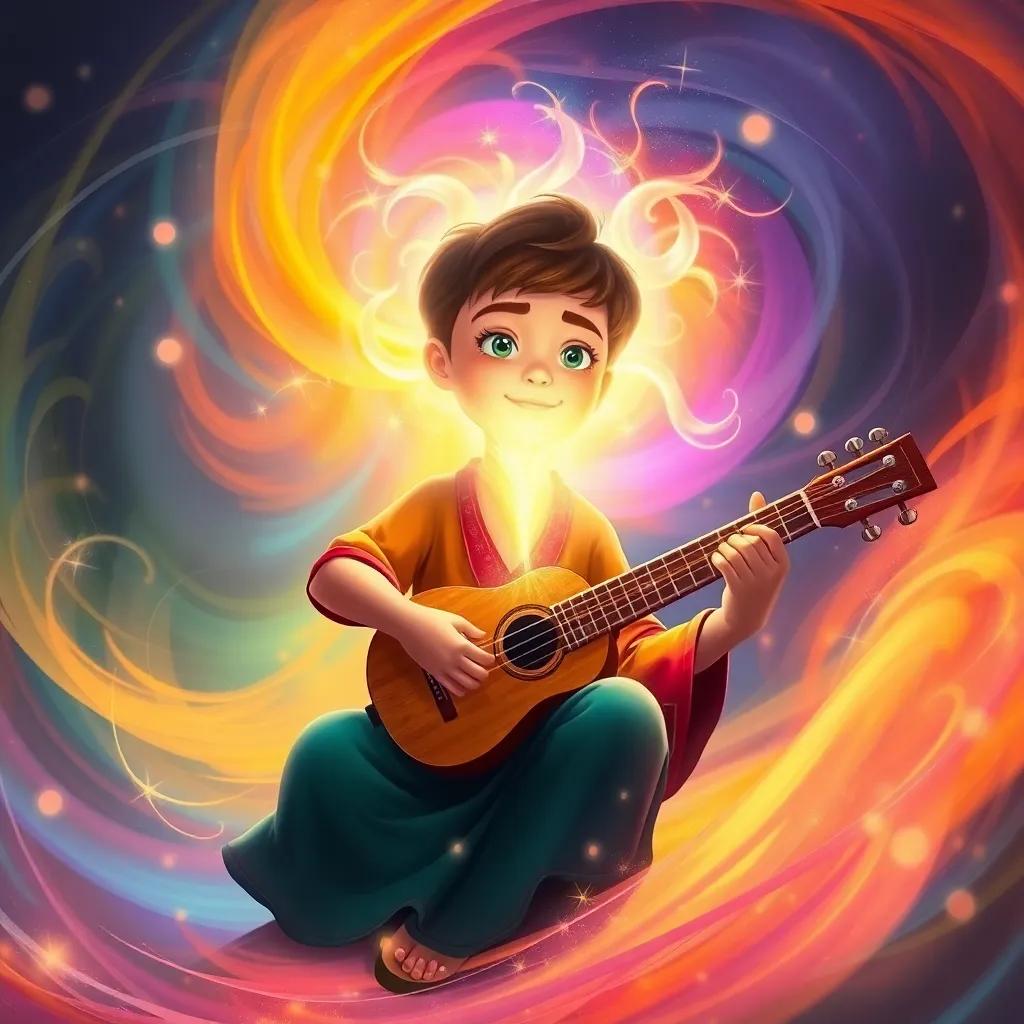 Sami playing the magical instrument with a bright light emerging, surrounded by swirling colors, depicting a fantasy world, digital painting, magical, lively, child-friendly, high quality