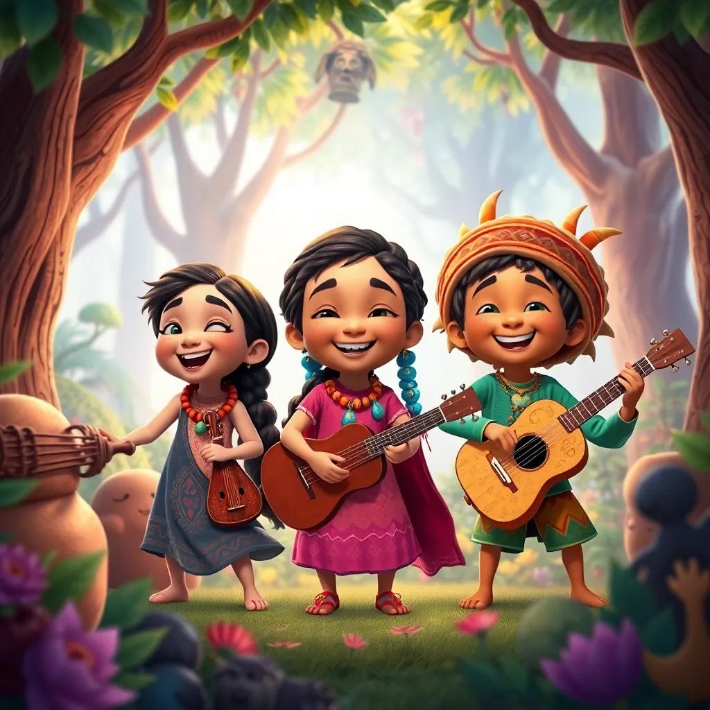 Sami with his friends Amara and Max, playful children laughing and dancing, surrounded by musicians playing ancient instruments in a colorful magical forest, child-friendly style, cheerful, warm colors, high quality