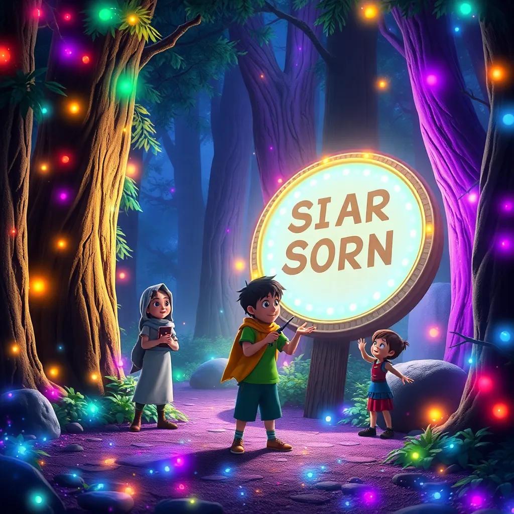 Sami and his friends finding a mysterious sign in a magical forest, filled with colorful lights, depicting adventure and excitement, fantasy style, vibrant, enchanted, high quality
