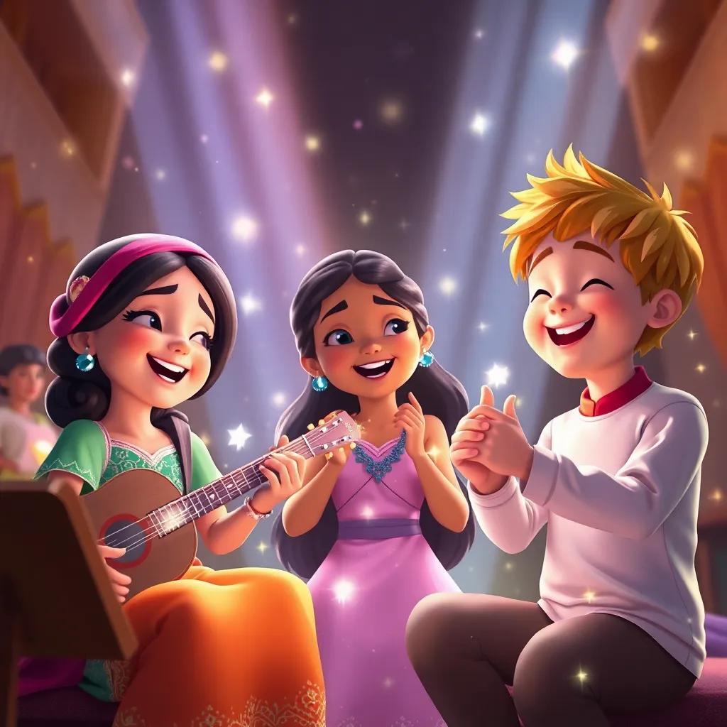 Sami, Amara, and Max joyfully playing the magical melody, bright lights surrounding them, showing their wishes coming true, heartwarming and uplifting, colorful, joyous scene, high quality